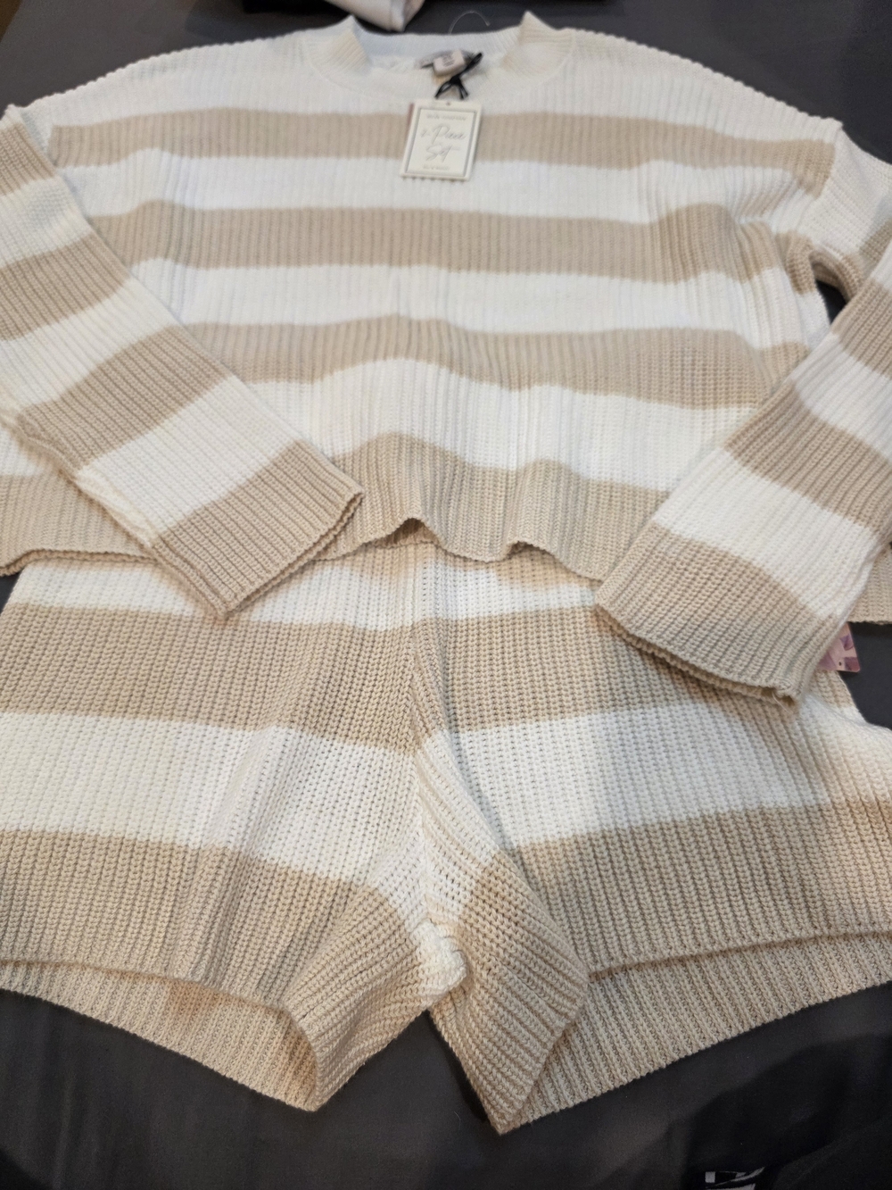 Sincerely Jules Cream & Beige Striped Crew Sweater Set